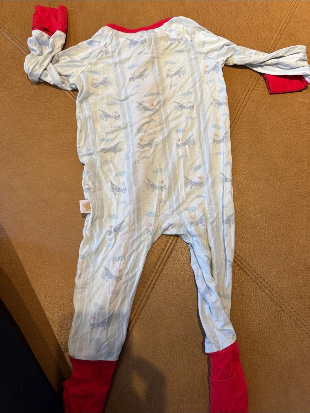 Toast + Jams Cream Airplane Footie with Red bamboo stretch pajamas 2 way zip